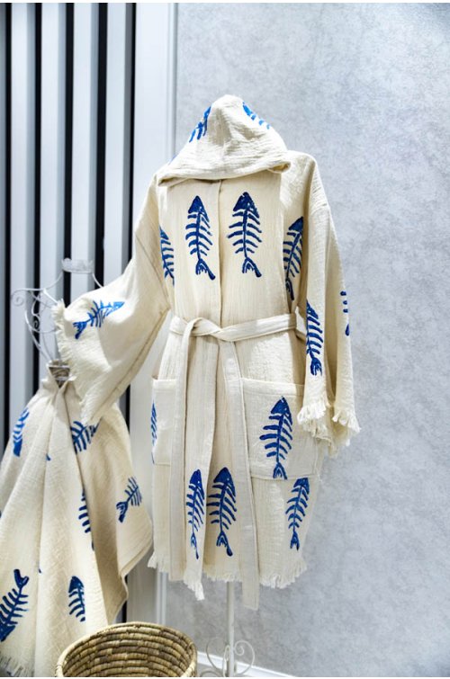 Kimono El Baskılı, %100 Pamuk, Kılçık Balık Mavi