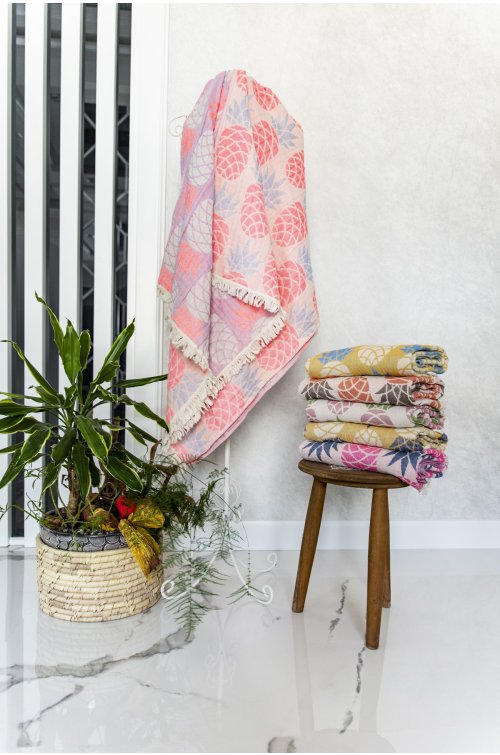 Peştamal, %100 Pamuk, 90x170 cm,  Ananas, Neon Pembe Gri