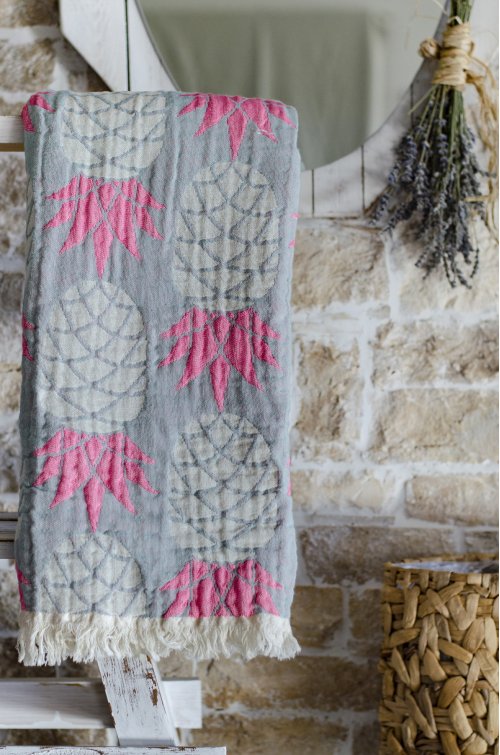 Peştamal, %100 Pamuk, Ananas, Neon Pembe Açık Gri