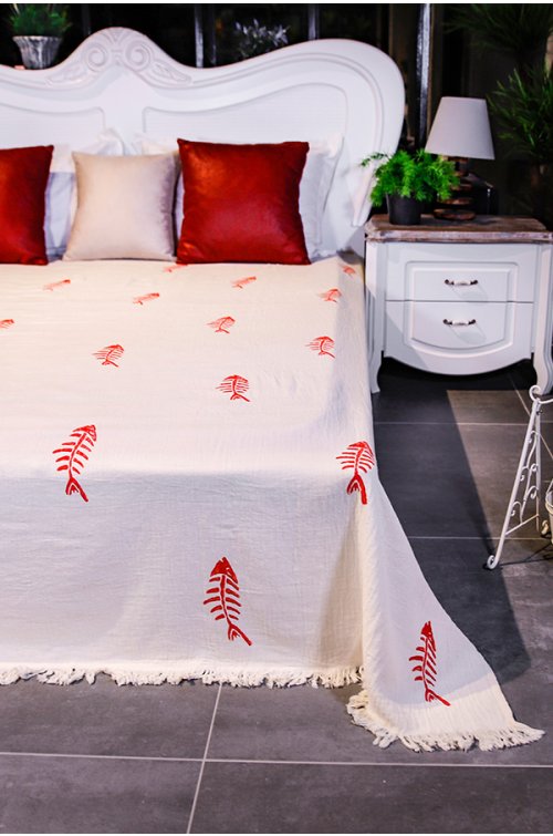 Yatak Örtüsü, Pike, %100 Pamuk, Çift kişilik, El baskılı, 230x250 cm, Kılçık Balık Kırmızı