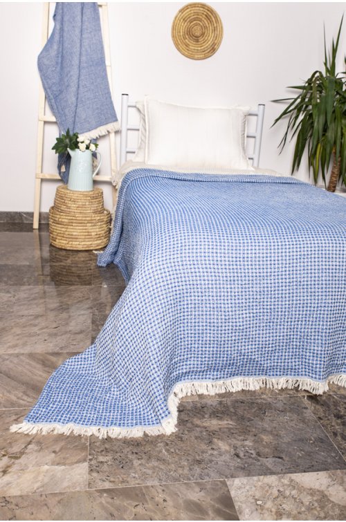 Yatak Örtüsü, Pike, %100 Pamuk, Tek Kişilik, Ekose Lacivert