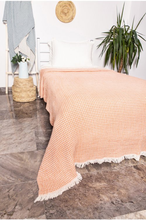 Yatak Örtüsü, Pike, %100 Pamuk, Tek Kişilik, Ekose Turuncu