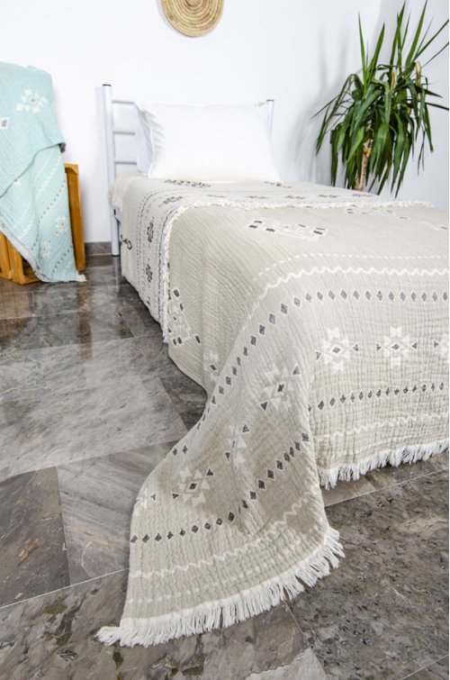 Yatak Örtüsü, Pike, %100 Pamuk, Tek kişilik, Kilim, Bej